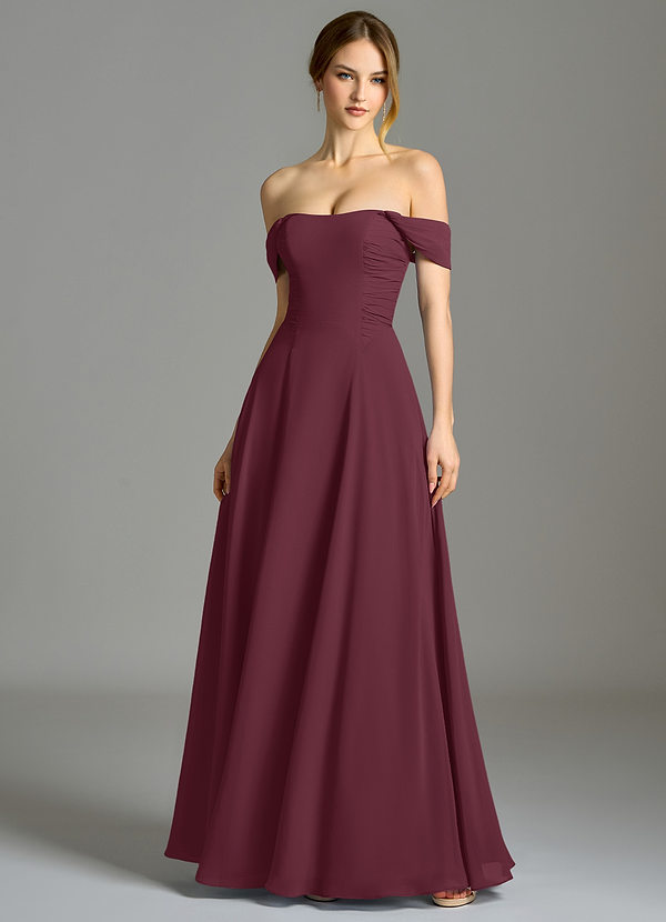 Azazie Oasis 신부 들러리 드레스 A라인 포켓이 있는 쉬폰 바닥 길이 드레스 image1