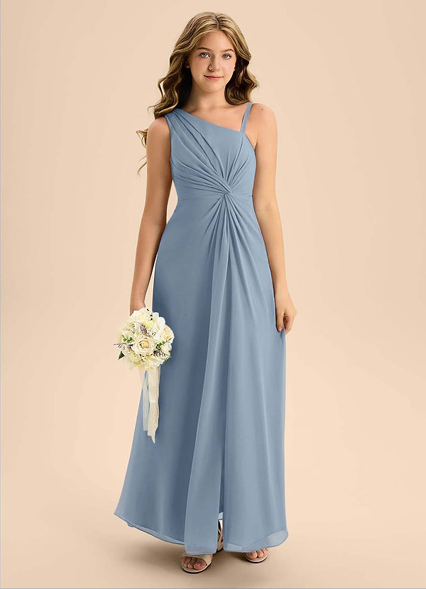 Azazie Brooke Junior Robe Trapèze en Mousseline de soie Fente Latérale Bleu Poussiéreux image1