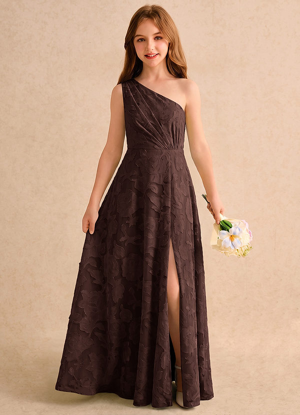 Azazie Pudles Girls Formal Robes de cortège enfant Robe Trapèze en Blumen-Burnout Asymétrique Ganache image1