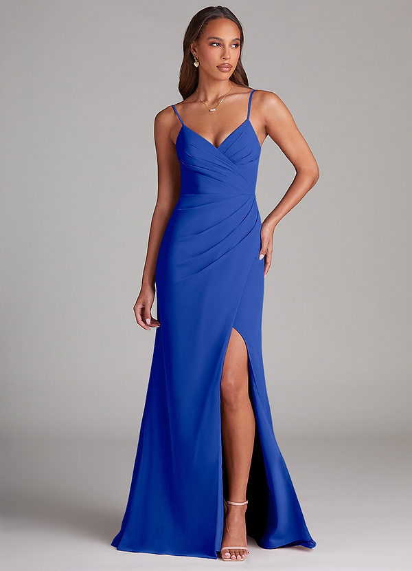 Azazie Maci Bridesmaid Dresses Royal Blue Sheath Pleated Chiffon Dress image1