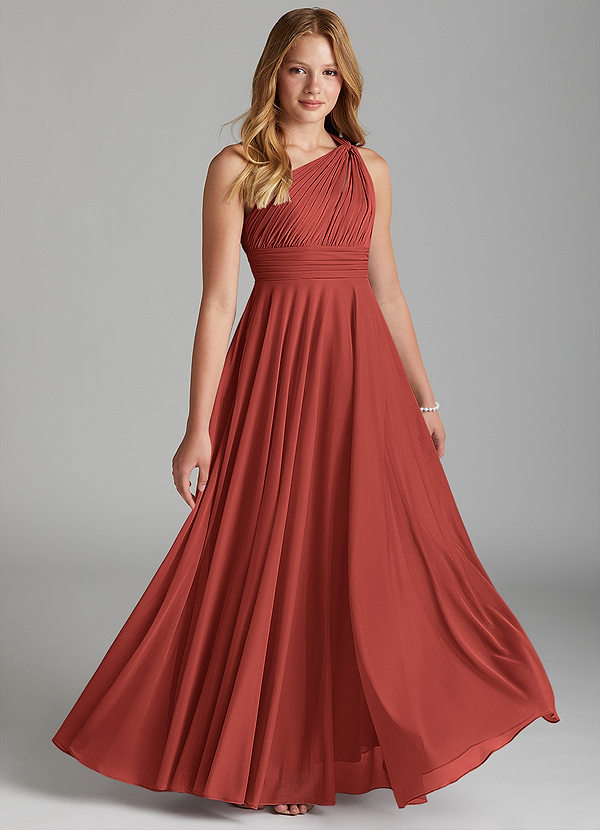Azazie Charlize Junior Terracotta A-Line Mesh Dress image1