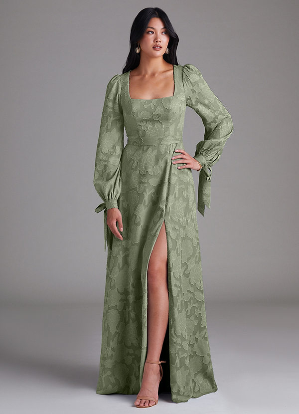 Azazie Leonia Bridesmaid Dresses Pistachio A-Line Long Sleeve Floral Burnout Dress image1