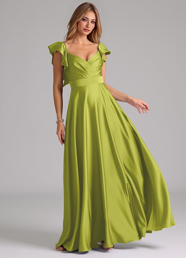 Azazie Leilani Robes Demoiselle d'honneur Robe Trapèze en Satin extensible Rayé Citronnelle image1