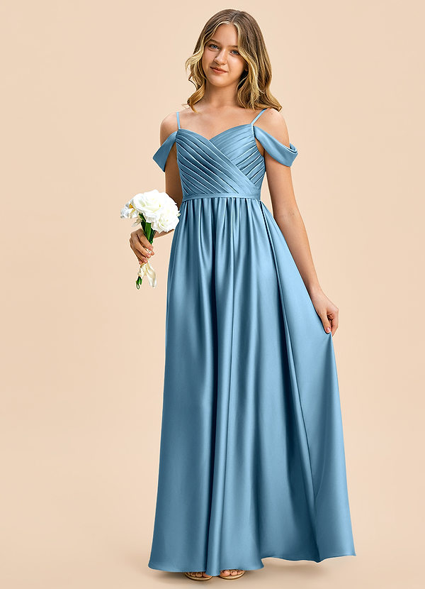 Azazie Rayne Junior Vestido Azul Acero de Satén Elástico de Corte en A con Escote corazón image1