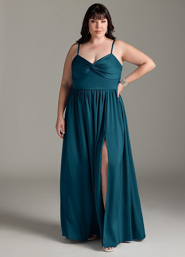 Azazie Zeya Vestidos Dama de Honor Vestido de Azul Tinta de Satén Elástico de Corte en A con Plisado image1