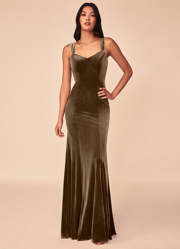 Azazie Lanessa Vestidos Dama de Honor Vestido de Caoba de terciopelo de Corte Sirena con Cuello en V image1