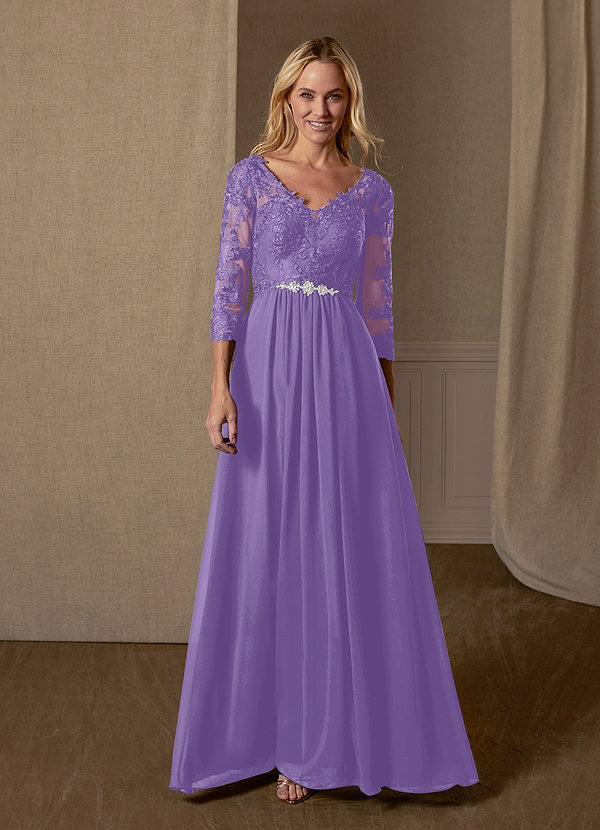 Azazie Hayek Mother of the Bride Dresses A-Line V-Neck Lace Chiffon Floor-Length Dress image1
