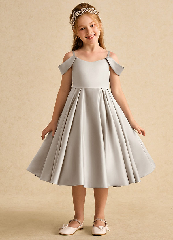 Azazie Favia Flower Girl Dresses Frost A-Line Off the Shoulder Matte Satin Dress image1