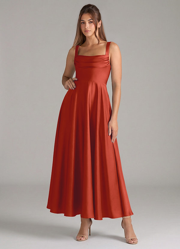 Azazie Shaude Robes de demoiselle d'honneur Robe Trapèze en Satin extensible Plissée Rouille image1