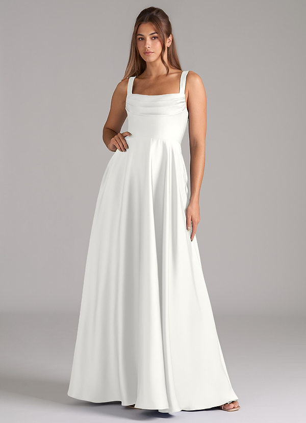 Azazie Shaude Bridesmaid Dresses White A-Line Pleated Stretch Satin Dress image1