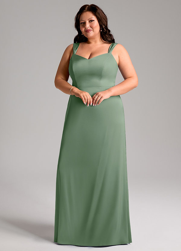 Azazie Denice Vestidos Dama de Honor Vestido de Matcha de Satén Elástico de Corte Recto con Plisado image1