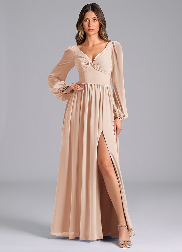 Azazie Teri Robes de demoiselle d'honneur Robe Trapèze en Mousseline de soie Manches longues Rose Anglais image1