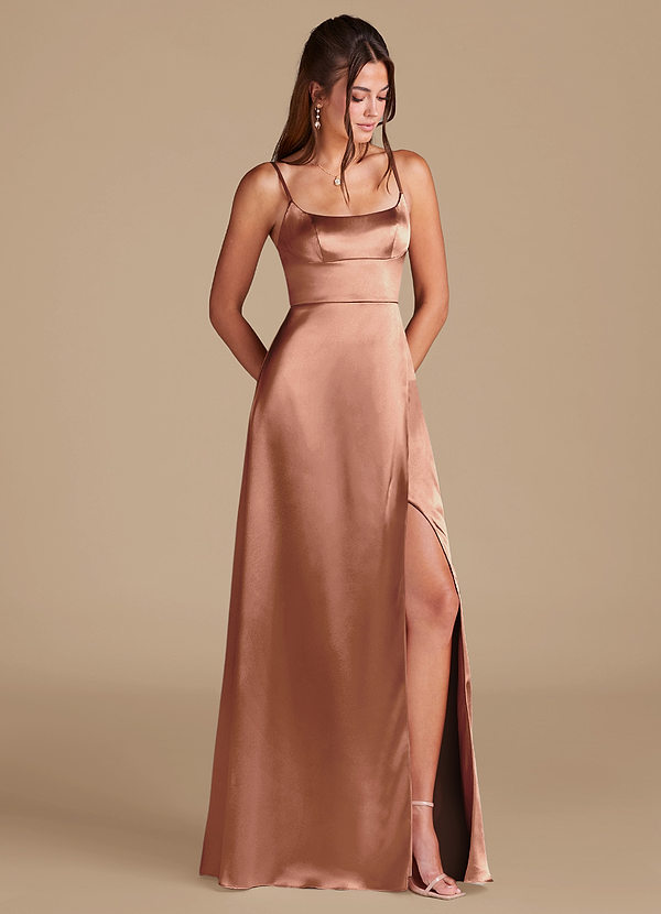 Azazie Halsey Bridesmaid Dresses Bronzer A-Line Side Slit Metallic Satin Dress image1