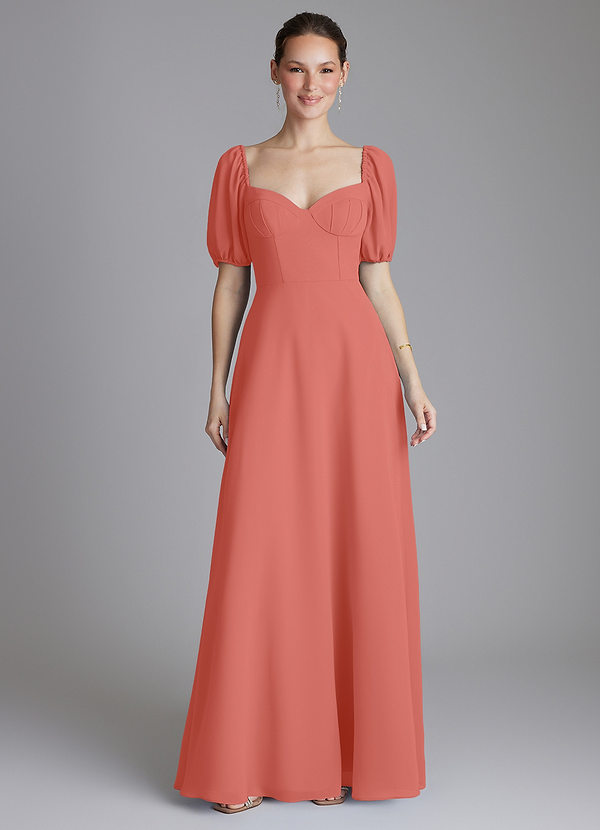 Azazie Fatima Bridesmaid Dresses Salmon Pink A-Line with Pockets Chiffon Dress image1