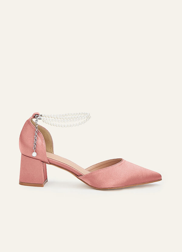 front Matching Color Metallic Satin Pearl Strap Pointed Toe Block Heels
