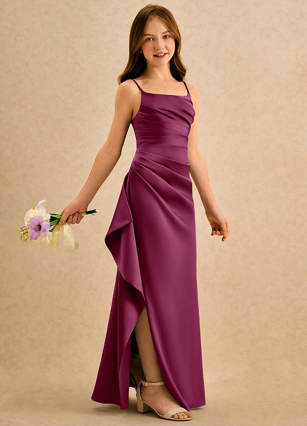 Azazie Cannoli Girls Formal Blomsterpigekjoler A-Line Plisseret Mat satin Gulv-længde Kjole image1