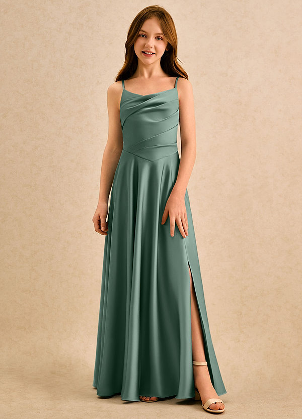 Azazie Coconut Girls Formal Sukienki dla dziewczynek sypiących kwiaty Linia A Pofałdowany Satyna elastyczna Długość podłogi Sukienka image1