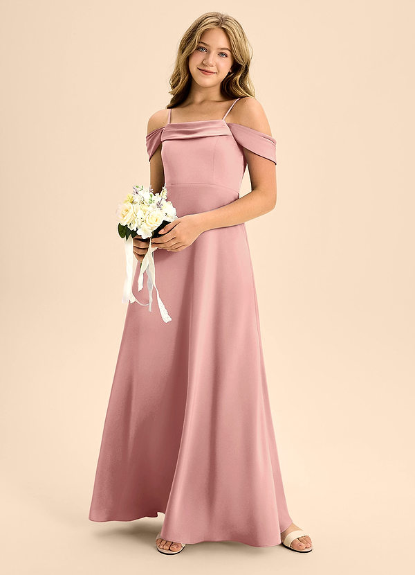 Azazie Anselie Junior Rosette A-Line Off the Shoulder Stretch Satin Dress image1