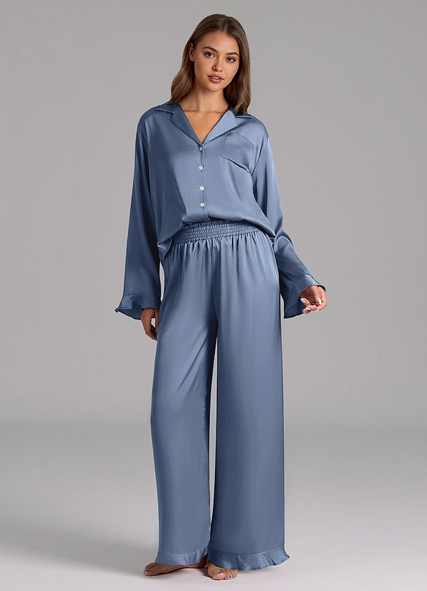 front Matching Color Ruffled Satin Long Sleeve Pajama Set