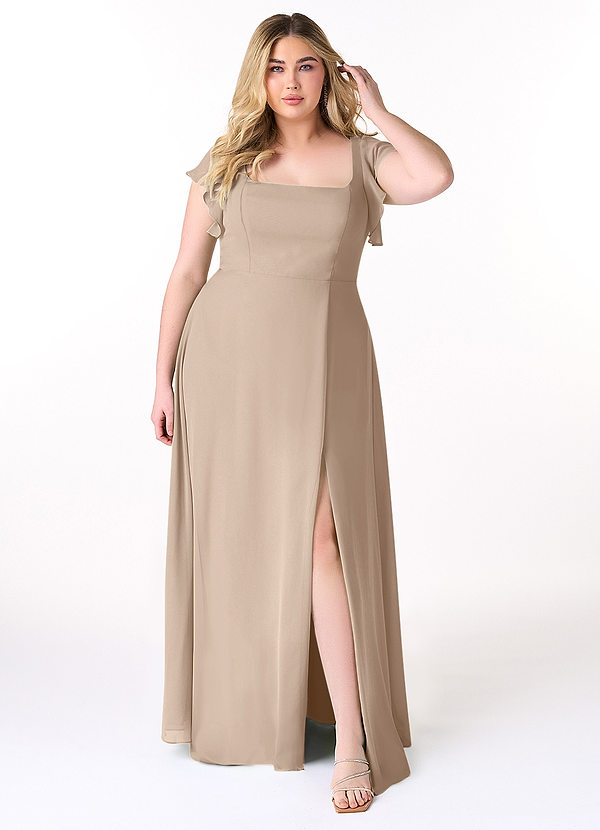 Azazie Bondi Bridesmaid Dresses Taupe A-Line Ruffled Chiffon Dress image1