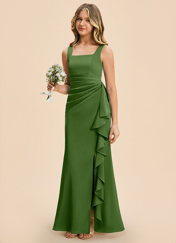 Azazie Adrienne Junior Basil Sheath Pleated Stretch Satin Dress image1