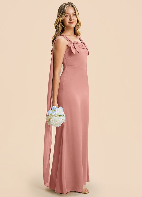 Azazie Chelsea Junior Rosette Sheath Pleated Stretch Satin Dress image1