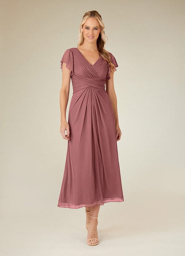 Azazie Vera Mother of the Brides Dresses Desert Rose A-Line V-Neck Pleated Mesh Dress image1