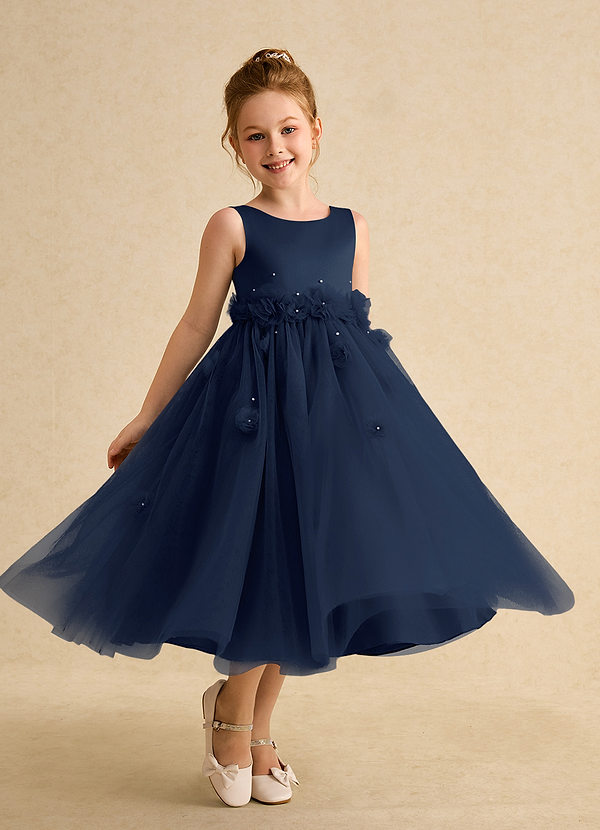 Azazie Lux Flower Girl Dresses Dark Navy A-Line Beaded Tulle Dress image1