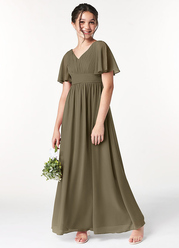 Azazie Temeka Junior Willow Green A-Line Pleated Chiffon Dress image1