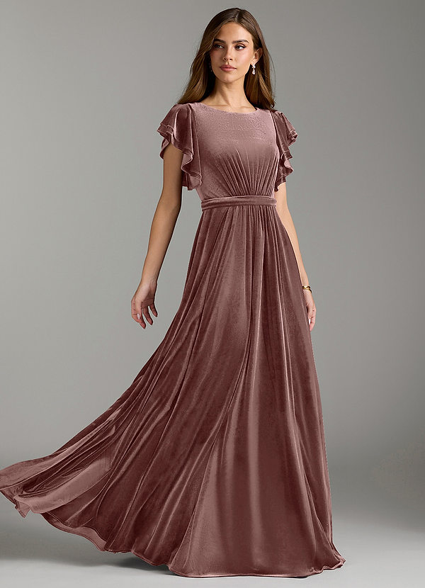 Azazie Daphne Modest Bridesmaid Dresses A-Line Velvet Floor-Length Dress with Belt image1