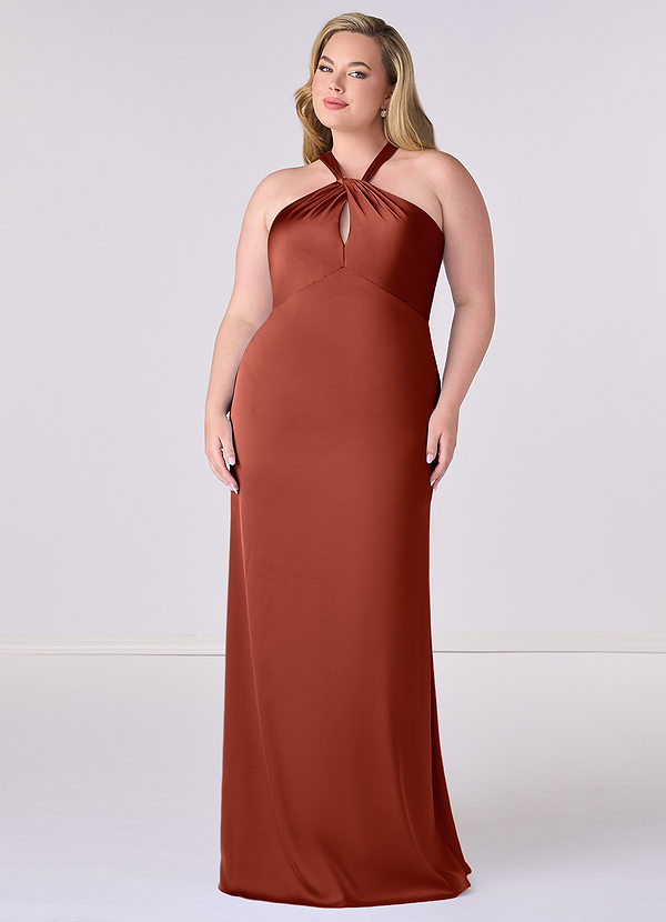 Barbie ♥ Azazie Robes Demoiselle d'honneur Robe Fourreau en Satin extensible Terracotta image1