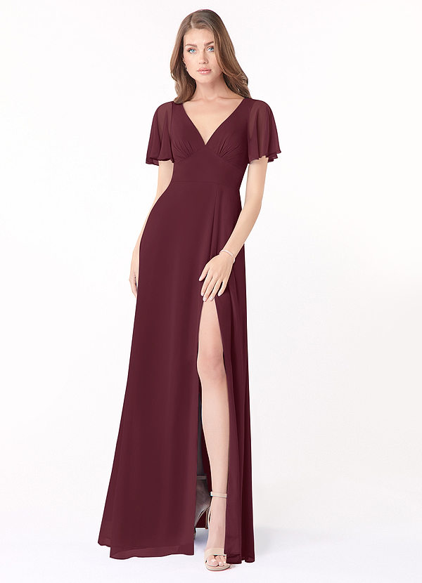 Azazie Kimber Bridesmaid Dresses Cabernet A-Line Flounce Sleeve Chiffon Dress image1