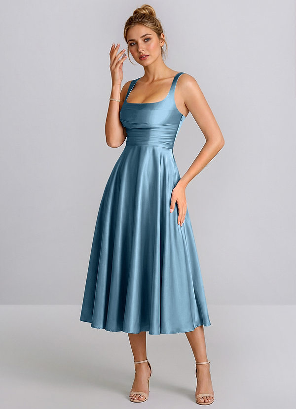 Ines Steel Blue Square Neck Satin Lace-Up A-Line Midi Dress image1