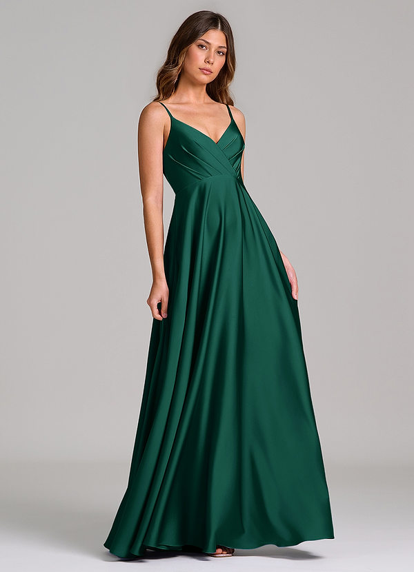Azazie Amani Bridesmaid Dresses Emerald A-Line Pleated Stretch Satin Dress image1