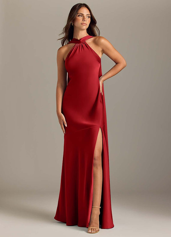 Azazie Kinsley Vestidos de Dama de Honor Vestido Romã de Cetim elástico de sereia com Racha Lateral image1