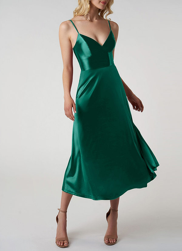 front Dark Emerald V-Neck Satin A-Line Midi Dress