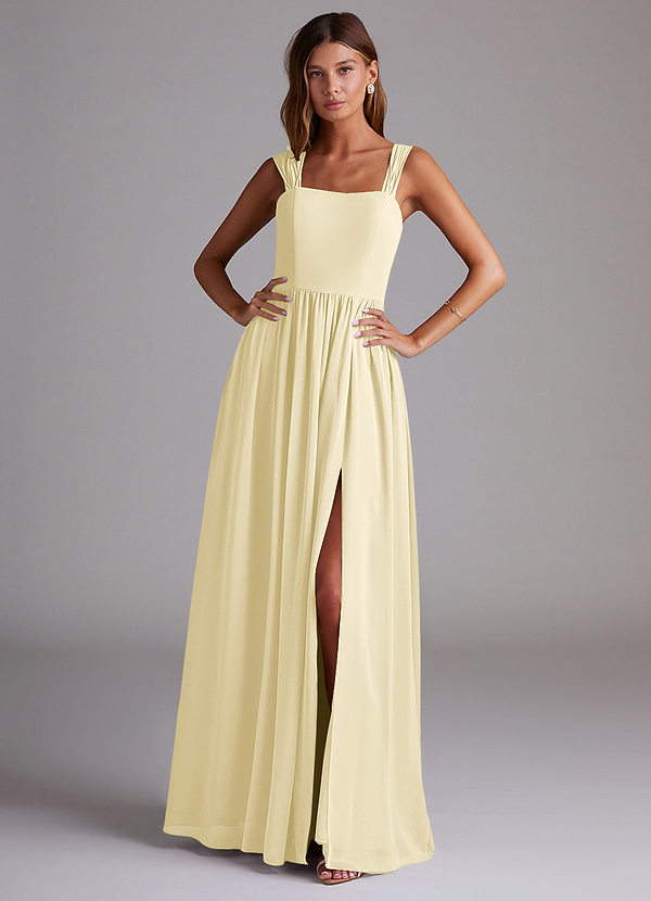 Azazie Calianna Bridesmaid Dresses Lemon Sorbet A-Line Off the Shoulder Chiffon Convertible Dress image1