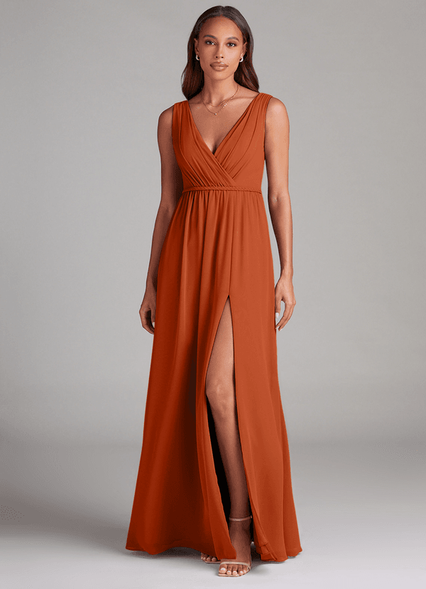 Azazie Tanicia Bridesmaid Dresses Burnt Orange A-Line Pleated Chiffon Dress image1