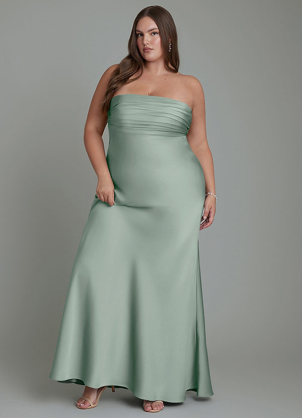 Azazie Saylor Vestidos de dama de honor Vestido Agave de Satén Elástico de Corte Sirena con Palabra de honor image1