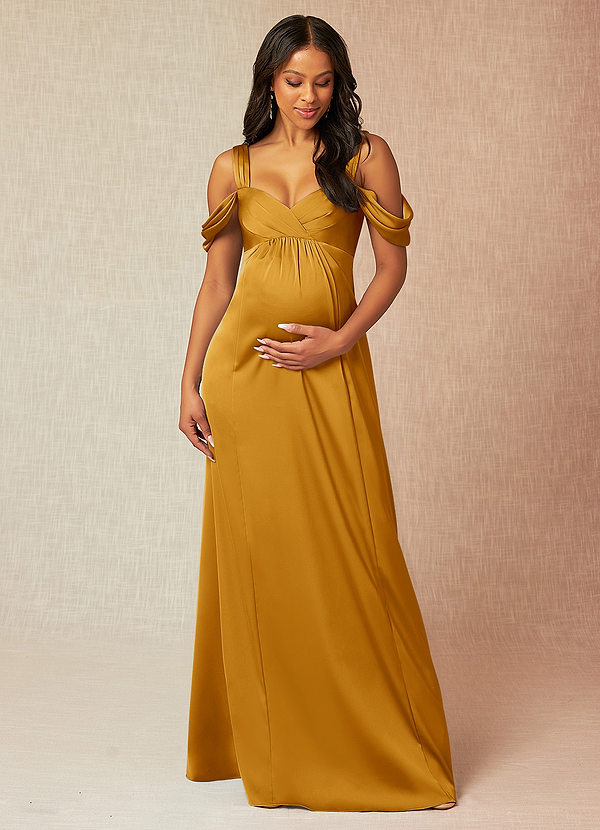 Azazie Rhea Robe demoiselle d'honneur enceinte Robe Trapèze Épaule nue plissée Longueur ras du sol Satin extensible image1