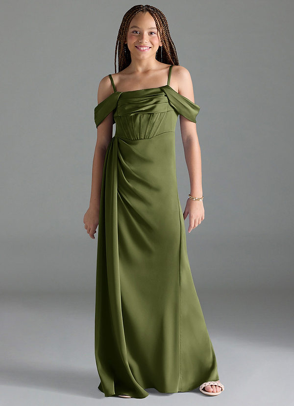 Azazie Amyra Junior Olive Sheath Off the Shoulder Stretch Satin Dress image1