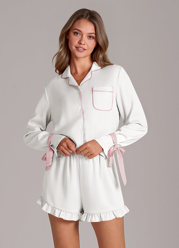front Satin Contrast Piping Tie Sleeve Ruffle Pajama Shorts Set
