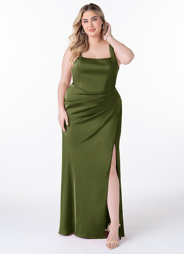 Azazie Mero Bridesmaid Dresses Olive Sheath Pleated Stretch Satin Dress image1
