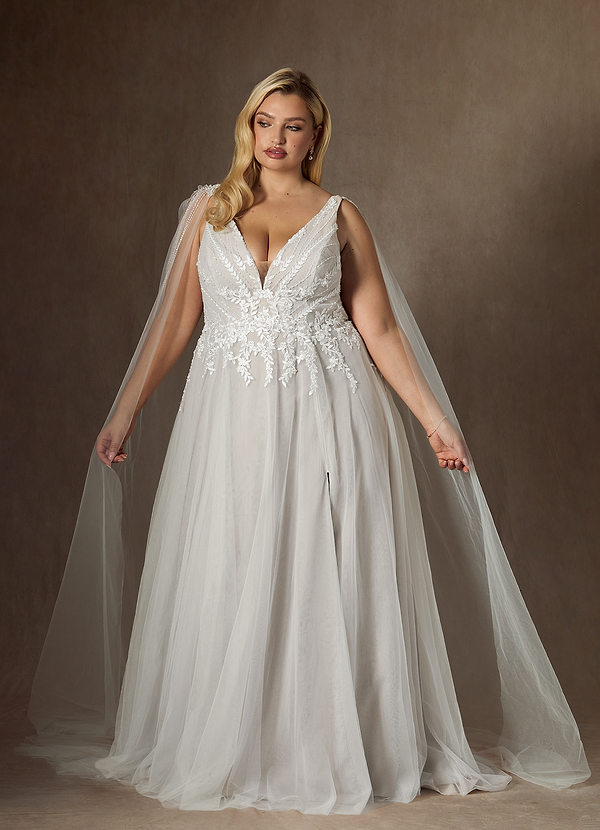 Azazie Goddess Robe de Mariée Robe Trapèze en Tulle Col V à paillettes Blanc De Diamant image1