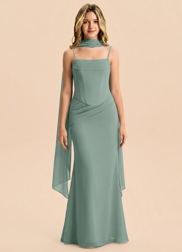 Azazie Sorrel Junior Meerjungfrau-Linie Plissee Chiffon Kleid Silberner Salbei image1