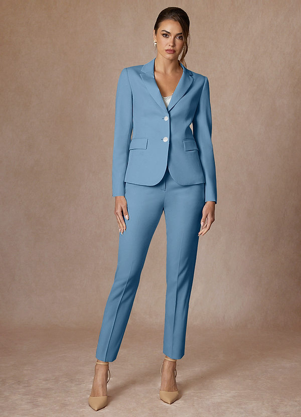 front Whitney Steel Blue Structured Stretch Full Length Pants Suit
