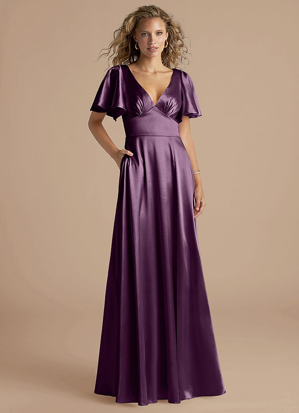 Azazie Kimber Bridesmaid Dresses Plum A-Line Ruched Metallic Satin Dress image1
