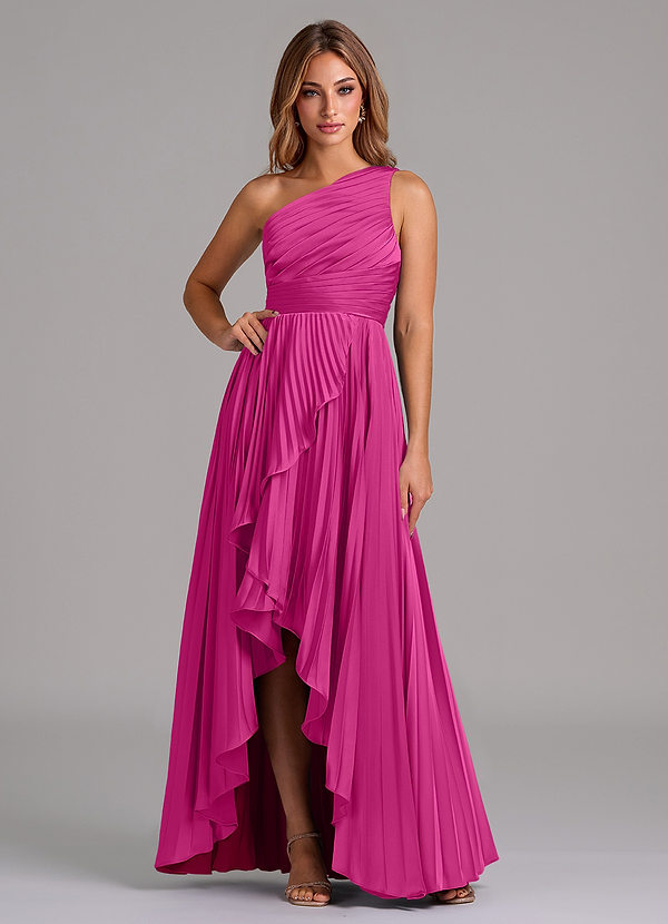 Azazie Lyrica Bridesmaid Dresses Fuchsia A-Line One Shoulder Stretch Satin Dress image1
