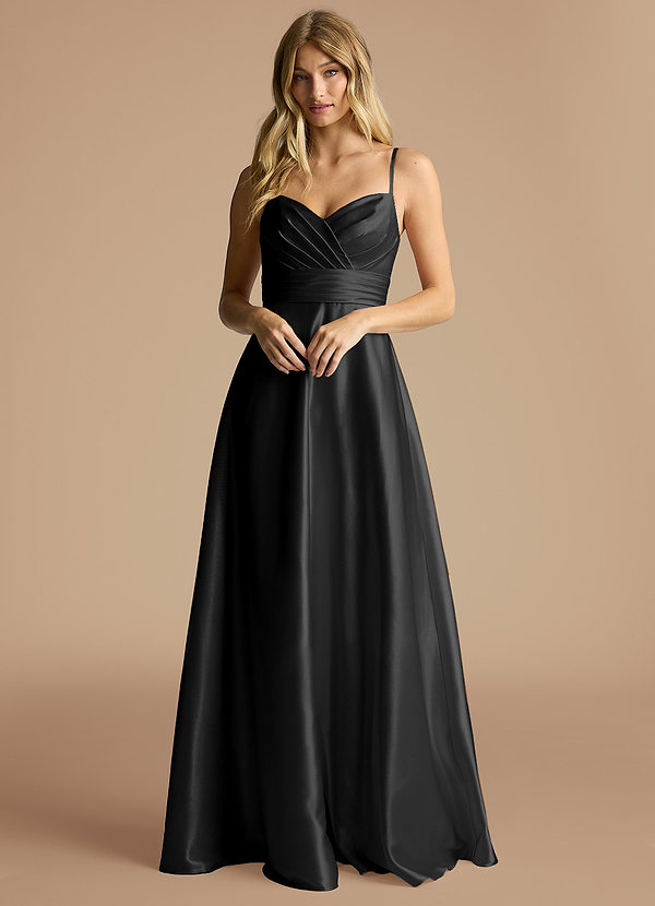 Azazie Oliana Robes Demoiselle d'honneur Robe Trapèze en Satiné métallisé Plissée Noir image1