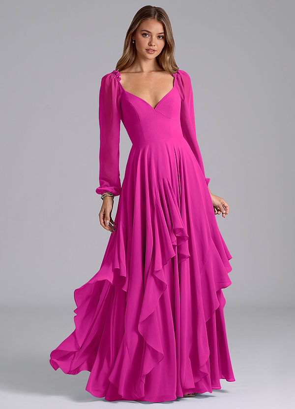 Azazie Karan Bridesmaid Dresses Fuchsia A-Line Long Sleeve Chiffon Dress image1